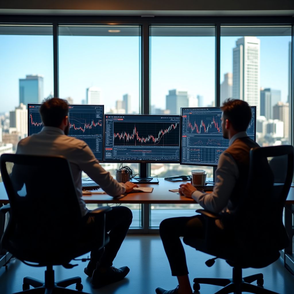 Equipo de profesores analizando gráficos en oficina moderna